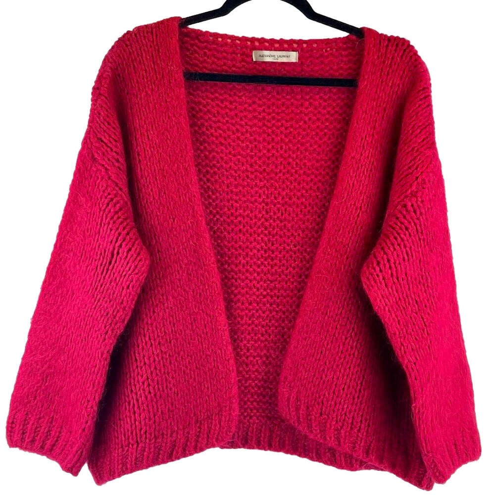 Alexandre Laurent Paris Open Front Cardigan Chunky Sweater Mohair Blend Red OS